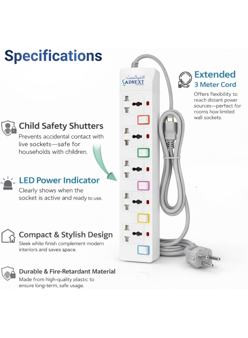 Adnext Power Socket with 5 Way Outlets and Extension Cord, 3 Meter Length, White - Image 4